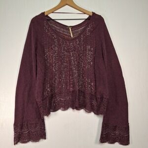 Free People Plum Purple Wool Angora Lace Trim Boho Sweater Small Bell Sleeve